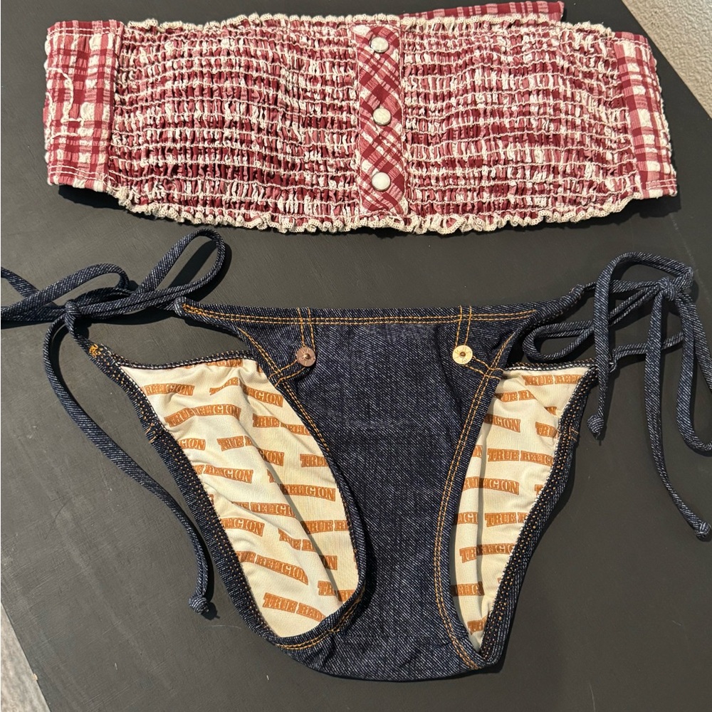 RARE True Religion Bikini. Gingham and denim. Size Small. Never worn.